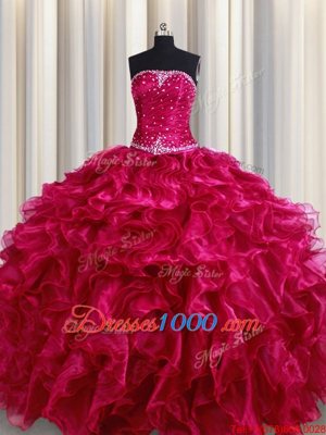 Four Piece Burgundy Strapless Lace Up Beading and Ruffles Quinceanera Gown Sleeveless