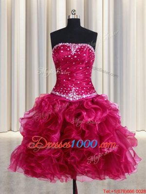 Four Piece Burgundy Strapless Lace Up Beading and Ruffles Quinceanera Gown Sleeveless