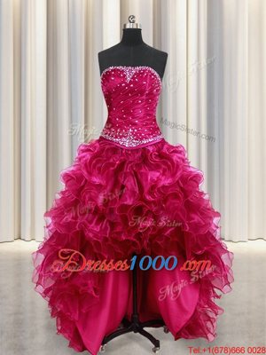 Four Piece Burgundy Strapless Lace Up Beading and Ruffles Quinceanera Gown Sleeveless