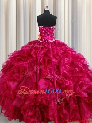 Four Piece Burgundy Strapless Lace Up Beading and Ruffles Quinceanera Gown Sleeveless