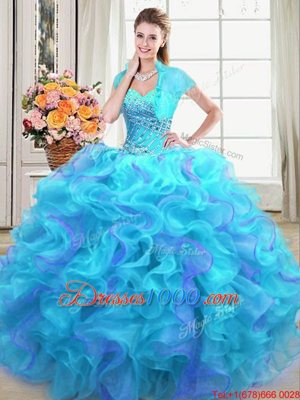 Fashionable Sweetheart Sleeveless Sweet 16 Quinceanera Dress Floor Length Beading and Ruffles Multi-color Organza