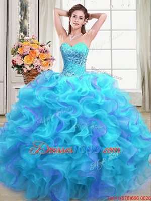 Fashionable Sweetheart Sleeveless Sweet 16 Quinceanera Dress Floor Length Beading and Ruffles Multi-color Organza