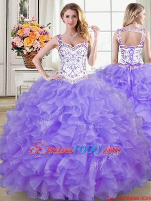 Straps Straps Lavender Ball Gowns Beading and Lace and Ruffles Ball Gown Prom Dress Lace Up Organza Sleeveless Floor Length