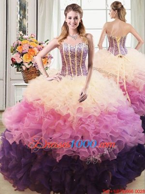 Custom Design Multi-color Lace Up Quinceanera Dress Beading and Ruffles Sleeveless Floor Length