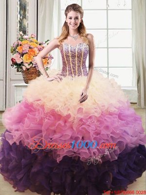 Custom Design Multi-color Lace Up Quinceanera Dress Beading and Ruffles Sleeveless Floor Length