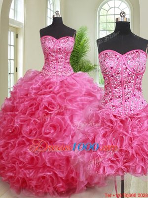 Three Piece Hot Pink Sleeveless Organza Lace Up Sweet 16 Dresses for Military Ball and Sweet 16 and Quinceanera
