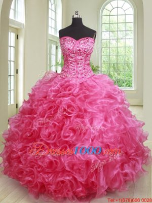 Three Piece Hot Pink Sleeveless Organza Lace Up Sweet 16 Dresses for Military Ball and Sweet 16 and Quinceanera
