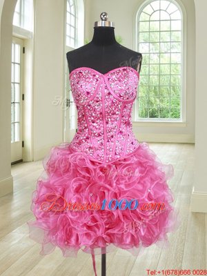 Three Piece Hot Pink Sleeveless Organza Lace Up Sweet 16 Dresses for Military Ball and Sweet 16 and Quinceanera