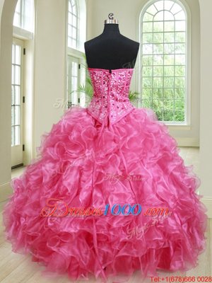 Three Piece Hot Pink Sleeveless Organza Lace Up Sweet 16 Dresses for Military Ball and Sweet 16 and Quinceanera