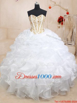Modest Three Piece White Sleeveless Floor Length Beading and Ruffles Lace Up Vestidos de Quinceanera