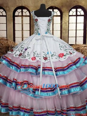 New Style White Ball Gowns Straps Sleeveless Organza and Taffeta Floor Length Lace Up Embroidery and Ruffled Layers Sweet 16 Quinceanera Dress