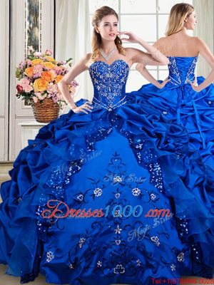 Four Piece Royal Blue Sweetheart Lace Up Beading and Embroidery and Pick Ups 15th Birthday Dress Sleeveless