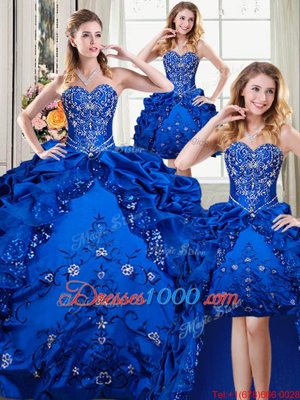 Four Piece Royal Blue Sweetheart Lace Up Beading and Embroidery and Pick Ups 15th Birthday Dress Sleeveless