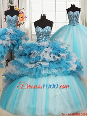 Blue And White Organza and Tulle Lace Up Sweet 16 Quinceanera Dress Sleeveless Floor Length Beading and Ruffles