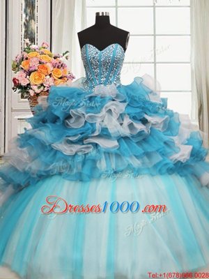 Blue And White Organza and Tulle Lace Up Sweet 16 Quinceanera Dress Sleeveless Floor Length Beading and Ruffles