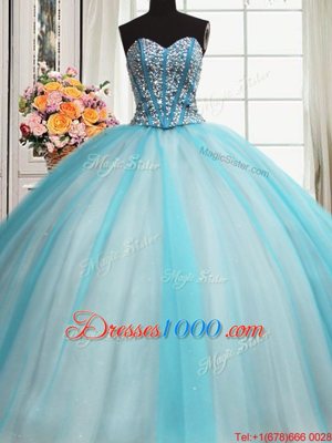 Blue And White Organza and Tulle Lace Up Sweet 16 Quinceanera Dress Sleeveless Floor Length Beading and Ruffles