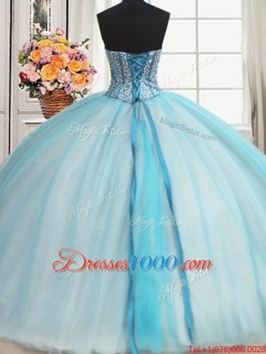 Blue And White Organza and Tulle Lace Up Sweet 16 Quinceanera Dress Sleeveless Floor Length Beading and Ruffles