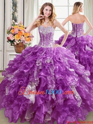 Most Popular Purple Ball Gowns Sweetheart Sleeveless Organza Floor Length Lace Up Beading and Ruffles and Sequins 15th Birthday Dress