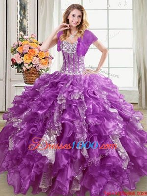 Most Popular Purple Ball Gowns Sweetheart Sleeveless Organza Floor Length Lace Up Beading and Ruffles and Sequins 15th Birthday Dress