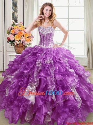 Most Popular Purple Ball Gowns Sweetheart Sleeveless Organza Floor Length Lace Up Beading and Ruffles and Sequins 15th Birthday Dress