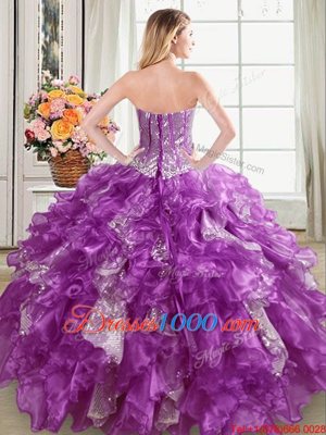 Most Popular Purple Ball Gowns Sweetheart Sleeveless Organza Floor Length Lace Up Beading and Ruffles and Sequins 15th Birthday Dress