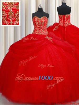 Fantastic Pick Ups Ball Gowns Sweet 16 Dresses Red Sweetheart Tulle Sleeveless Floor Length Lace Up