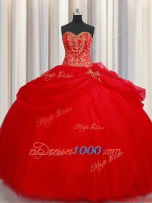 Fantastic Pick Ups Ball Gowns Sweet 16 Dresses Red Sweetheart Tulle Sleeveless Floor Length Lace Up