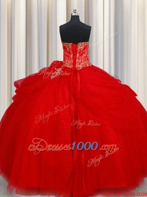 Fantastic Pick Ups Ball Gowns Sweet 16 Dresses Red Sweetheart Tulle Sleeveless Floor Length Lace Up