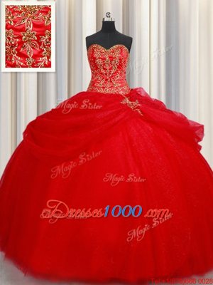 Fantastic Pick Ups Ball Gowns Sweet 16 Dresses Red Sweetheart Tulle Sleeveless Floor Length Lace Up