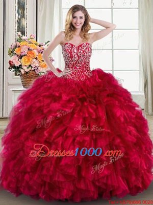 Red Sleeveless Brush Train Beading and Ruffles Vestidos de Quinceanera