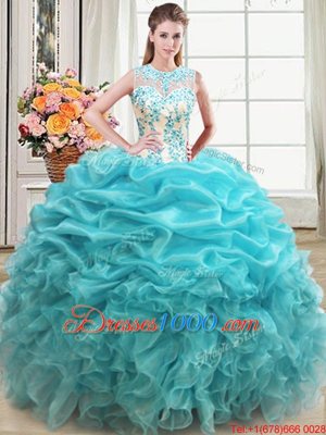 Scoop Aqua Blue Sleeveless Organza Lace Up Sweet 16 Dresses for Military Ball and Sweet 16 and Quinceanera