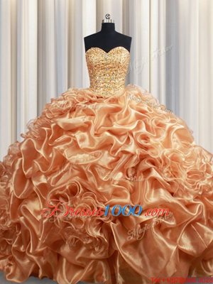 Super Lace Up Quinceanera Dress Champagne and In for Military Ball and Sweet 16 and Quinceanera with Beading and Ruffles and Pick Ups Court Train