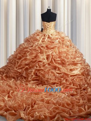 Super Lace Up Quinceanera Dress Champagne and In for Military Ball and Sweet 16 and Quinceanera with Beading and Ruffles and Pick Ups Court Train