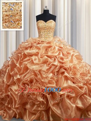 Super Lace Up Quinceanera Dress Champagne and In for Military Ball and Sweet 16 and Quinceanera with Beading and Ruffles and Pick Ups Court Train