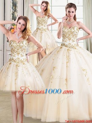 Affordable Four Piece Sweetheart Sleeveless Tulle Sweet 16 Dress Beading Lace Up