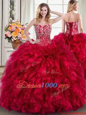 Four Piece Red Sleeveless Organza Brush Train Lace Up Vestidos de Quinceanera for Military Ball and Sweet 16 and Quinceanera