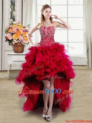 Four Piece Red Sleeveless Organza Brush Train Lace Up Vestidos de Quinceanera for Military Ball and Sweet 16 and Quinceanera