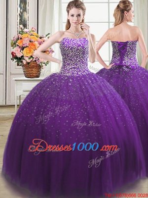 Purple Sleeveless Tulle Lace Up Sweet 16 Dresses for Military Ball and Sweet 16 and Quinceanera