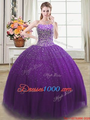 Purple Sleeveless Tulle Lace Up Sweet 16 Dresses for Military Ball and Sweet 16 and Quinceanera