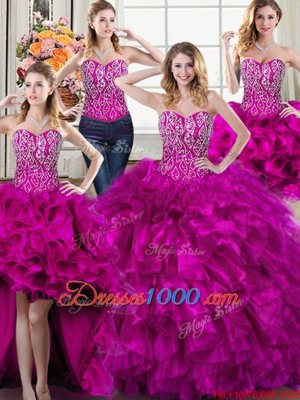 Clearance Four Piece Sleeveless Beading and Ruffles Lace Up 15 Quinceanera Dress