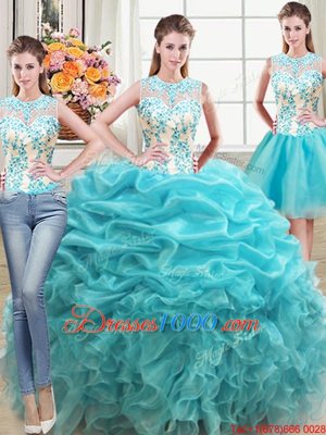 Spectacular Three Piece Floor Length Aqua Blue Quinceanera Gown Scoop Sleeveless Lace Up