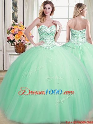 Unique Four Piece Apple Green Ball Gowns Tulle Sweetheart Sleeveless Beading Floor Length Lace Up Sweet 16 Dresses