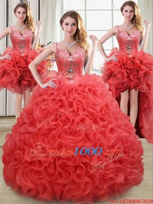 Four Piece Straps Straps Sleeveless Fabric With Rolling Flowers Floor Length Zipper Quinceanera Dress in Coral Red for with Beading and Ruffles