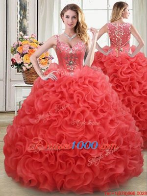 Four Piece Straps Straps Sleeveless Fabric With Rolling Flowers Floor Length Zipper Quinceanera Dress in Coral Red for with Beading and Ruffles