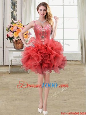 Four Piece Straps Straps Sleeveless Fabric With Rolling Flowers Floor Length Zipper Quinceanera Dress in Coral Red for with Beading and Ruffles