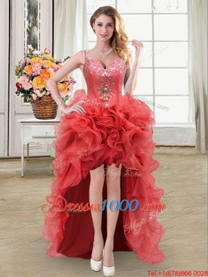 Four Piece Straps Straps Sleeveless Fabric With Rolling Flowers Floor Length Zipper Quinceanera Dress in Coral Red for with Beading and Ruffles