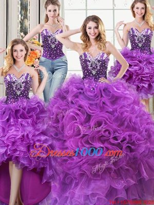 Four Piece Eggplant Purple Sleeveless Beading and Ruffles Floor Length Sweet 16 Dress
