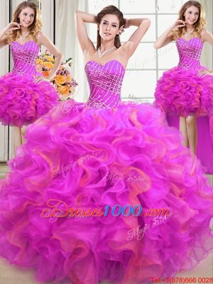 On Sale Four Piece Organza Sleeveless Floor Length Sweet 16 Dress and Beading and Ruffles