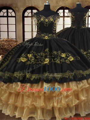 Black Off The Shoulder Neckline Beading and Embroidery and Ruffled Layers Quinceanera Dresses Sleeveless Lace Up