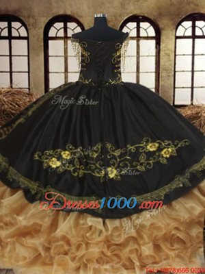 Black Off The Shoulder Neckline Beading and Embroidery and Ruffled Layers Quinceanera Dresses Sleeveless Lace Up